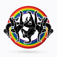 Group of people dancing, Dancing action, dancer training designed on line rainbows background graphic vector.