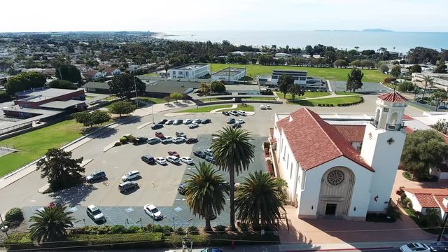 Aerial Flyover - Flying across church in beach side town of Ventura, California