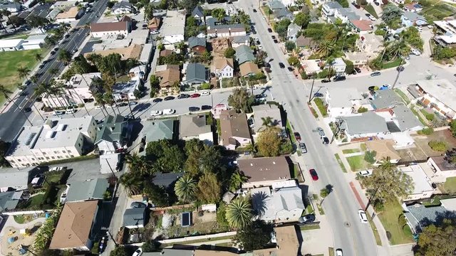 Aerial Flyover Panning Across Neighborhood - Southern California coastal town aiming down