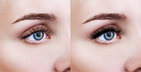 Female eye before and after eyelash extension.