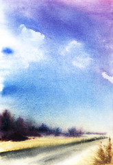Landscape with grey road, turned to horizon, yellow fields and violet forest on a back side; blue sky with white clouds. Hand drawn on a wet paper real watercolor illustration.