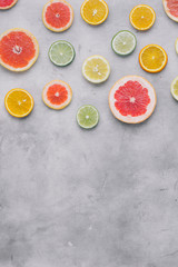 Top view sliced citrus fruit Flat lay Summer background