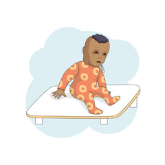 Little male character cartoon cold isolated on white background. Black boy in clinic, with temperature with thermometer in his mouth. Vector illustration