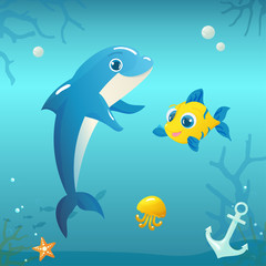 Obraz premium Illustration of Dolphin with Fish and Jellyfish on Underwater Background