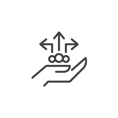 Sharing arrows on hand outline icon. linear style sign for mobile concept and web design. simple line vector icon. Symbol, logo illustration. Pixel perfect vector graphics