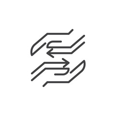 Hands with arrows outline icon. linear style sign for mobile concept and web design. Exchange simple line vector icon. Symbol, logo illustration. Pixel perfect vector graphics