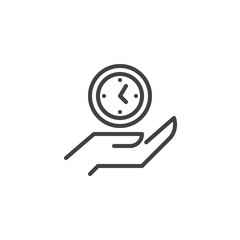 Clock on hand outline icon. linear style sign for mobile concept and web design. Hand hold watch simple line vector icon. Symbol, logo illustration. Pixel perfect vector graphics
