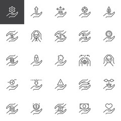 Hand feature outline icons set. linear style symbols collection, line signs pack. vector graphics. Set includes icons as setting gear in hand, exchange, clock, puzzle, security, income, plant, money