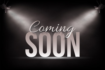 Announcement banner template. Vector Coming Soon text on stage background under spot lights.