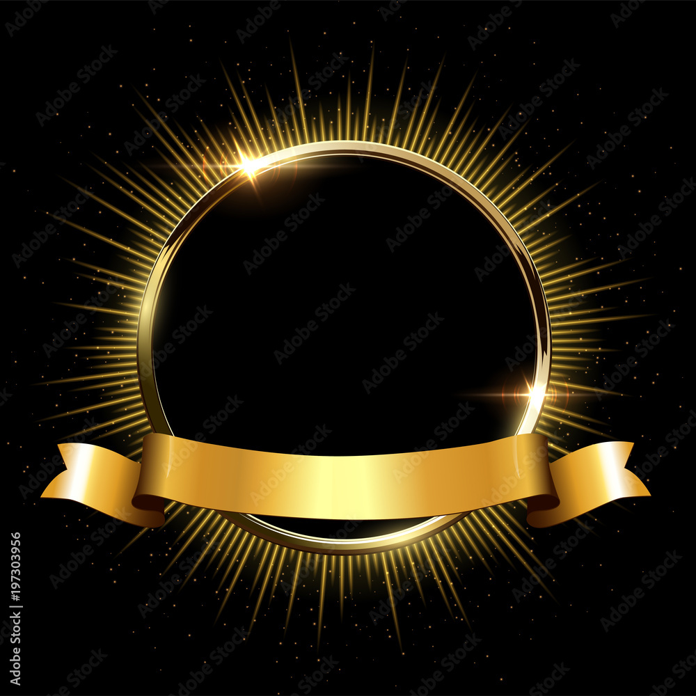 Canvas Prints golden sparkling ring with rays and glitter and golden ribbon isolated on black background. vector g