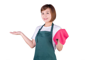 Young Asian woman in apron holding a rag and showing isolated on white background