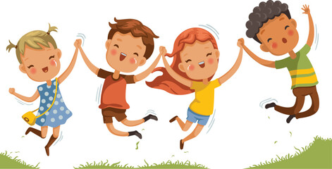 children jumping Boys and girls are playing together happily. Kids Play at the grass. Children Holding hands and jumping , Running a meadow. The concept is fun and vibrant moments of childhood. 
