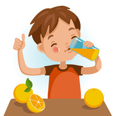 Drinking juice Cute boy in red shirt holding glass of  kid Drinking orange juice. Thumbs up. Emotionally. Healthy concepts and crowth in child cutrition. Vector Illustration Isolated 
