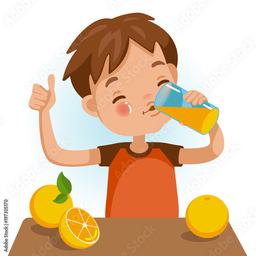 "Drinking juice Cute boy in red shirt holding glass of kid Drinking