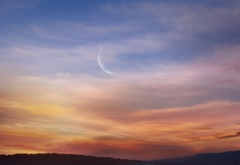  Ramadan background . Prayer time . Light from sky . Religion background . The sky at night with...