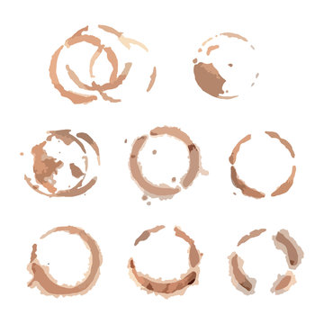 Round brown coffee stains. Traces from a Cup of coffee. Vector grunge illustration. Set of brown spots and splashes.