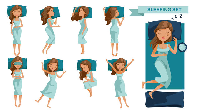 Sleeping woman set. Many views of sleep. Front, side, rear, top. lie on the tummy, Sleep on one's side, lie supine, Beautiful cartoon women Cute girl in pajamas Vector illustrations isolated  
