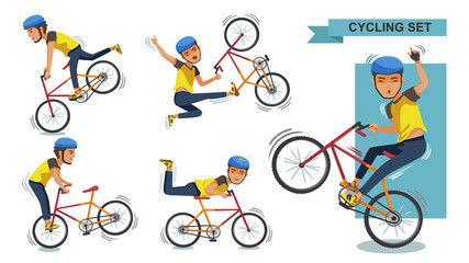 Stunt bike Cycling man set. Stunt bike cartoon characters of male. exercise, motion, Healthy and Challenging Teens Concept.  Vector  illustration. isolated on white background