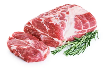 Crédence de cuisine en verre imprimé Viande Fresh raw pork neck meat and rosemary isolated on white background.