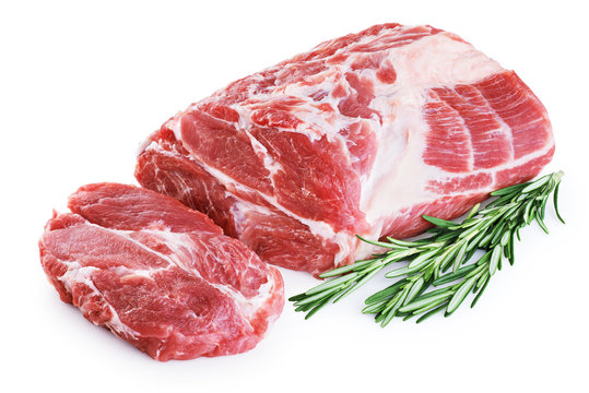 Fresh raw pork neck meat and rosemary isolated on white background.