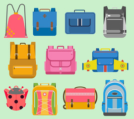 Flat school vector backpack kids boys and girls backpack school rucksack set illustration isolated. School supplies educational full schoolbag supply plane, ladybug