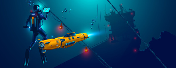 Underwater autonomous robot exploration sea floor. Underwater drone with diver explorat the place shipwreck of ship.