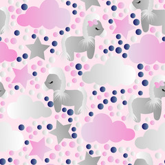 pattern with cartoon pony, clouds and stars