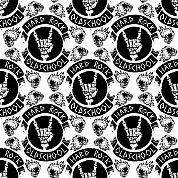 Heavy rock music badge vector vintage label with punk skull seamless pattern background hard sound sticker emblem illustration