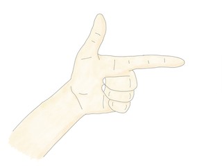 abstract hand draw doodle watercolor hand point finger and thumb up isolate on white background, finger language, illustration