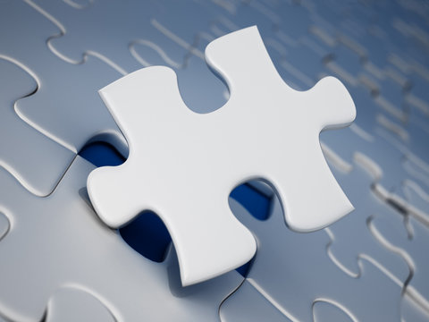 Jigsaw puzzle piece standing next to the missing part hole. 3D illustration