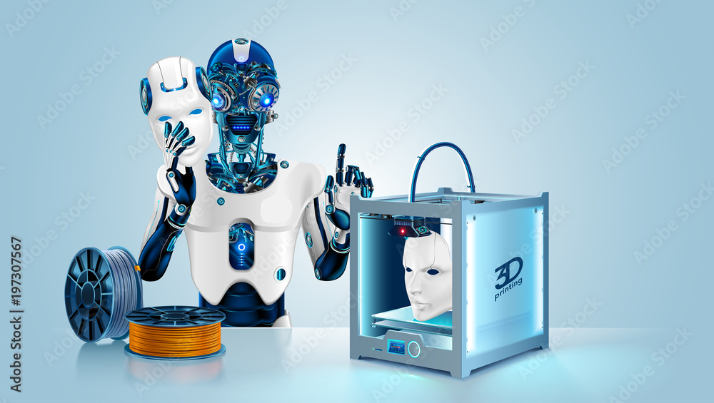 Aufkleber Anthropoid robot printed mask on 3d printer. Cyborg with Artificial intelligence hide metal head and brain under mask. 3d printing technology help robot create prototype humanoid face. Filament coil.