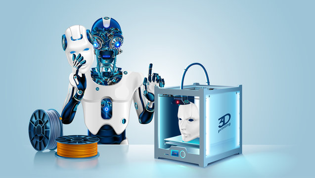 Anthropoid robot printed mask on 3d printer. Cyborg with Artificial intelligence hide metal head and brain under mask. 3d printing technology help robot create prototype humanoid face. Filament coil.