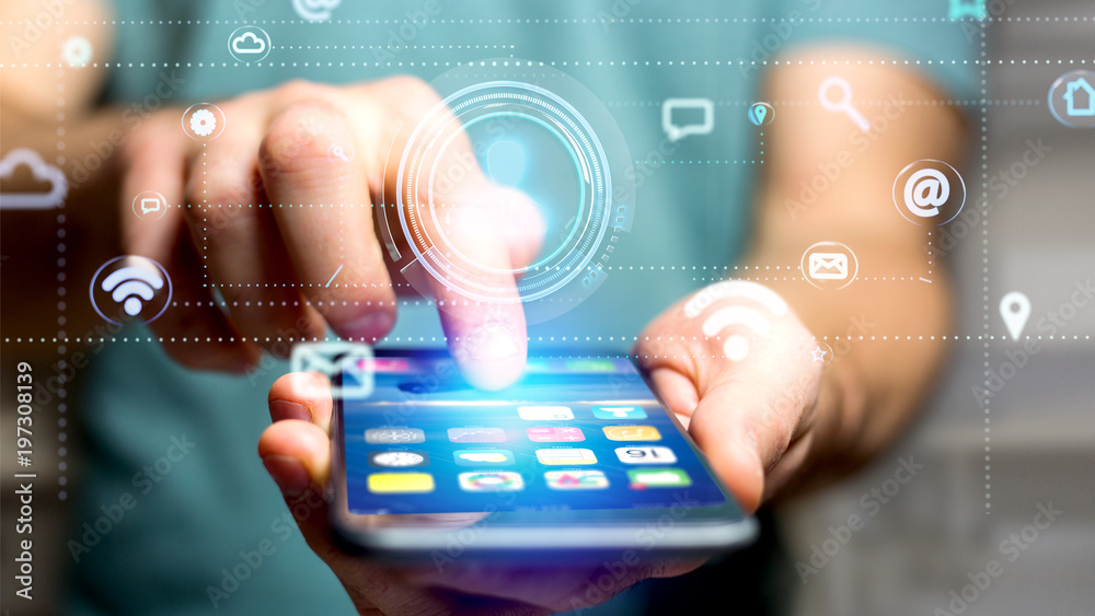 Wall mural businessman using a smartphone with a contact icon surrounding by app and social icon - 3d render