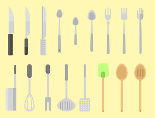 Kitchen dishes vector flat icons isolated household equipment everyday dishes furniture illustration.