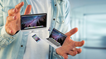 Devices like smartphone, tablet or computer flying over connection network - 3d render