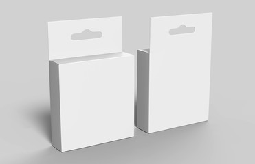 Hanging white blank cardboard packaging box with hang tab retail box for mock up design and design presentation. 3d render illustration.