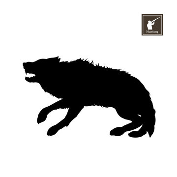 Black silhouette of frightened wolf on white background. Forest animals. Detailed isolated image. Vector illustration