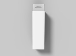 Hanging white blank cardboard packaging box with hang tab retail box for mock up design and design presentation. 3d render illustration.