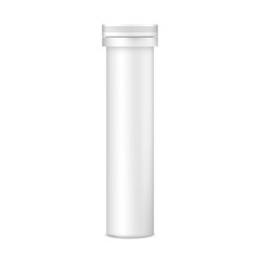 Plastic tablets tube mockup - front view. Bottle for nutritional supplements, capsules, daily vitamins, drugs, effervescent tablets. Vector illustration