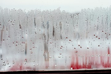 Water droplets condensation background of dew on glass window, humidity and foggy blank background....