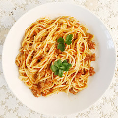 High Angle View Of Spaghetti Served In Plate