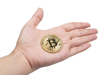 Fototapeta na wymiar Bit coin on hand with isolated white