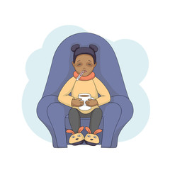 Little female character cartoon cold isolated on white background. Black girl sits in chair, with temperature with thermometer in his mouth. Vector illustration