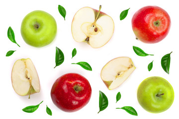 red and green apples with slices decorated with leaves isolated on white background top view. Flat lay pattern