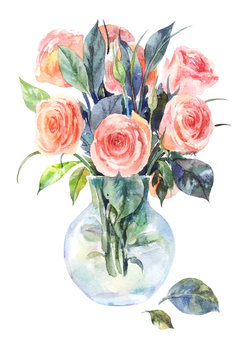 Watercolor roses in a glass vase isolated on a white background.