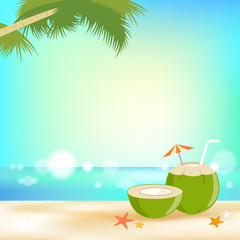 Summer background banner and frame with young coconut juice and sea elements