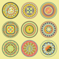 Set of round geometric ornaments in bright colors. Hand drawn doodle mandalas. Can be used as elements for decoration     