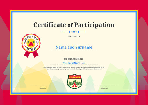Kids Diploma or certificate of participation template with colorful background