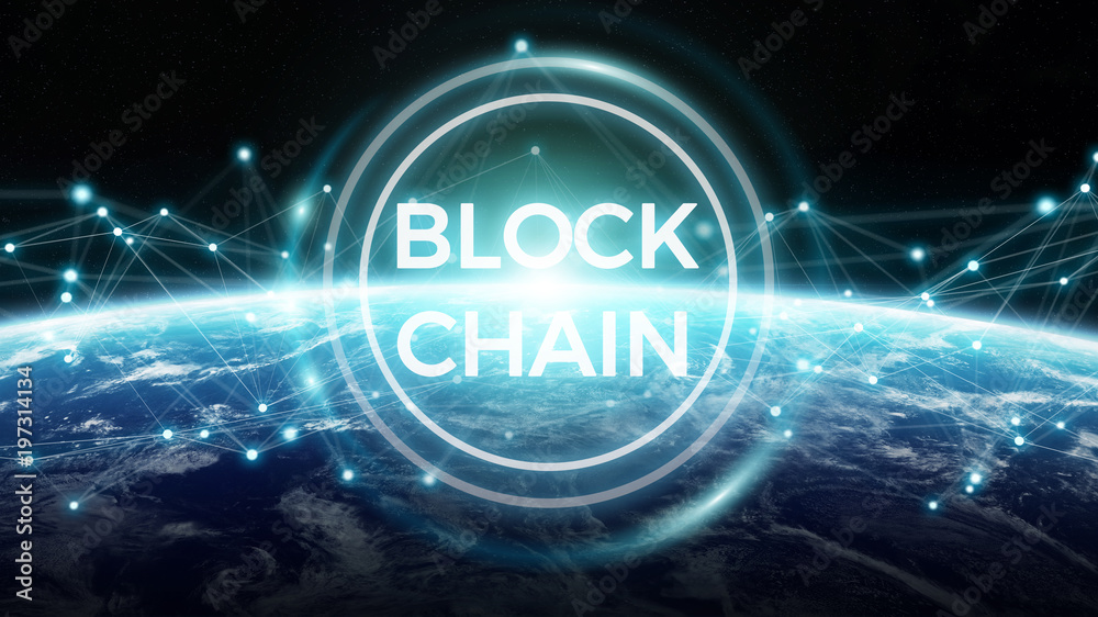 Poster Blockchain on planet Earth 3D rendering