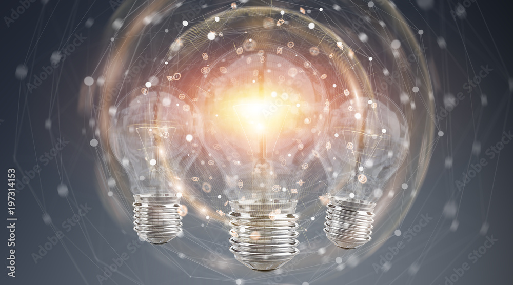 Poster bright lightbulb illuminating other bulbs 3d rendering